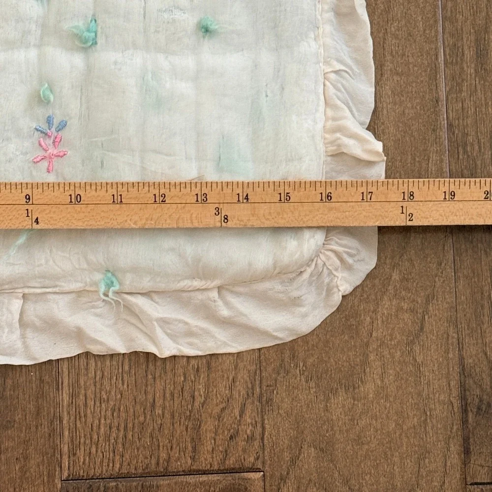 Vintage Hand Embroidered Floral Heart Baby Quilt Ruffle Trim White Teal Pink